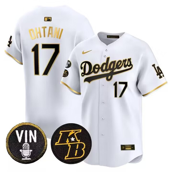 Men's Los Angeles Dodgers #17 Shohei Ohtani Stitched White/Gold Vin & Kobe Patch Cool Base Baseball Jersey
